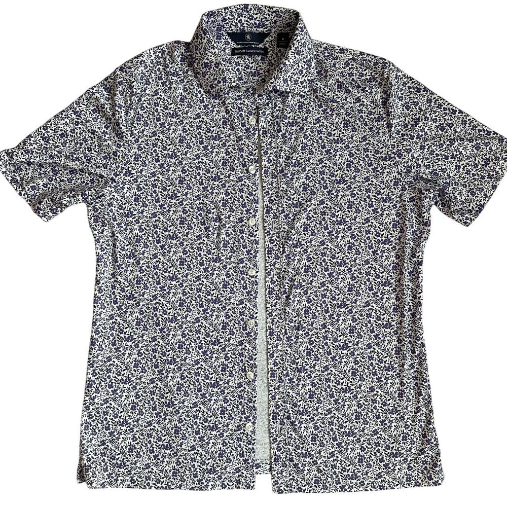 Hart Schaffner Marx White/Purple Floral, Short Sleeve Button Down Shirt- M